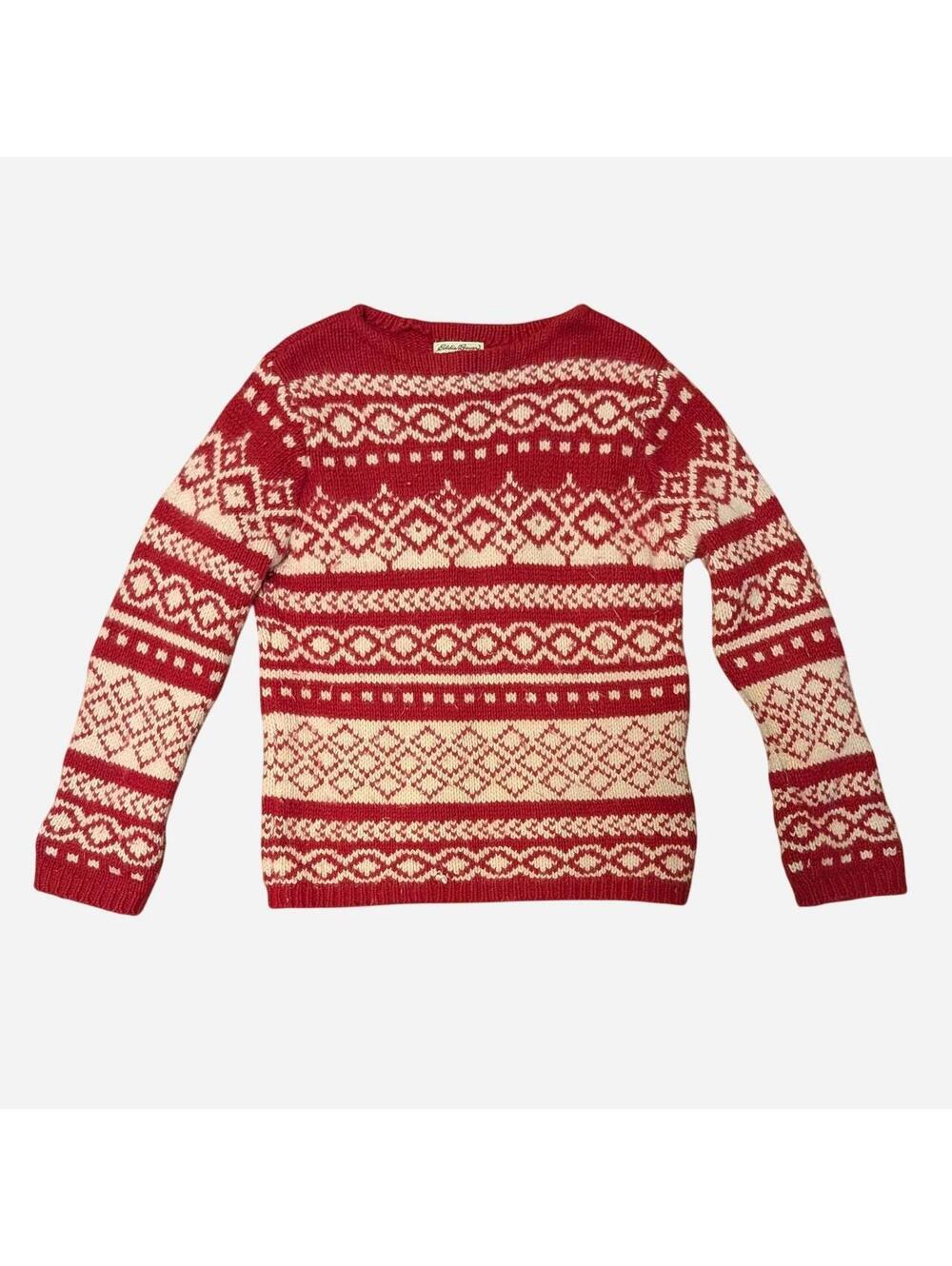 1990s Eddie Bauer Fair Isle Nordic Sweater Red Cream Lambswool Angora Size M